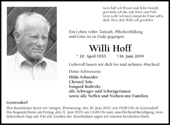 Traueranzeige von Willi Hoff von Fränkische Nachrichten