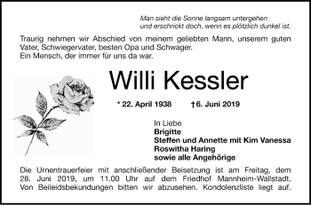 Traueranzeige von Willi Kessler von Mannheimer Morgen