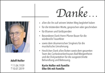 Traueranzeige von Adolf Holler von Fränkische Nachrichten