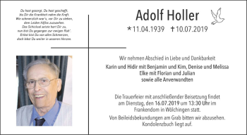 Traueranzeige von Adolf Holler von Fränkische Nachrichten