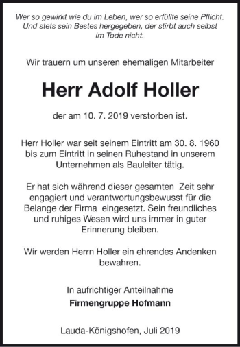 Traueranzeige von Adolf Holler von Fränkische Nachrichten