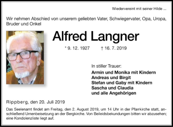 Traueranzeige von Alfred Langner von Fränkische Nachrichten