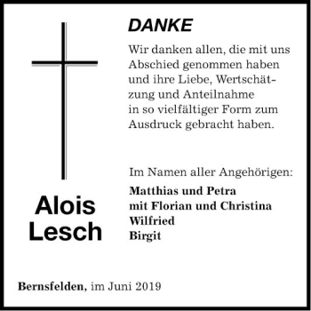 Traueranzeige von Alois Lesch von Fränkische Nachrichten