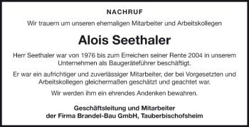 Traueranzeige von Alois Seethaler von Fränkische Nachrichten