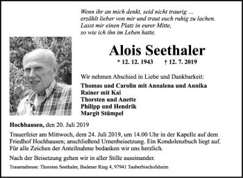 Traueranzeige von Alois Seethaler von Fränkische Nachrichten