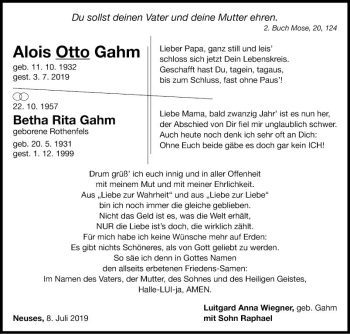 Traueranzeige von Alois Otto Gahm von Fränkische Nachrichten