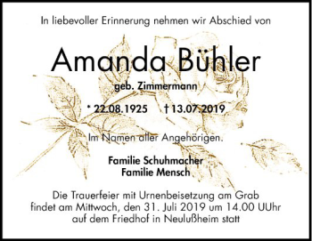 Traueranzeige von Amanda Bühler von Schwetzinger Zeitung