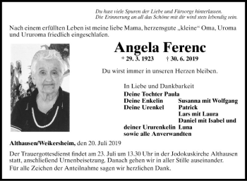 Traueranzeige von Angela Ferenc von Fränkische Nachrichten