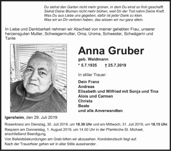 Traueranzeige von Anna Gruber von Fränkische Nachrichten