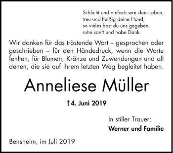 Traueranzeige von Anneliese Müller von Bergsträßer Anzeiger