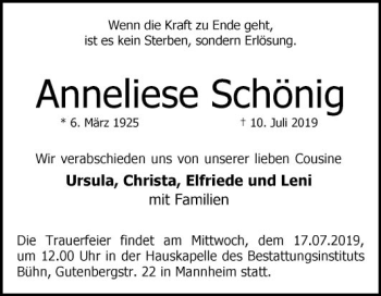 Traueranzeige von Anneliese Schönig von Mannheimer Morgen