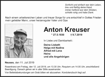 Traueranzeige von Anton Kreuser von Fränkische Nachrichten