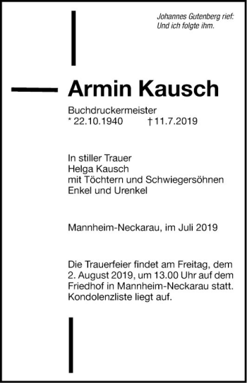 Traueranzeige von Armin Kausch von Mannheimer Morgen