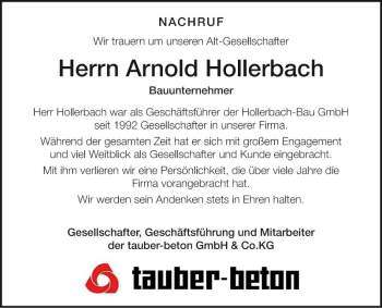 Traueranzeige von Arnold Hollerbach von Fränkische Nachrichten