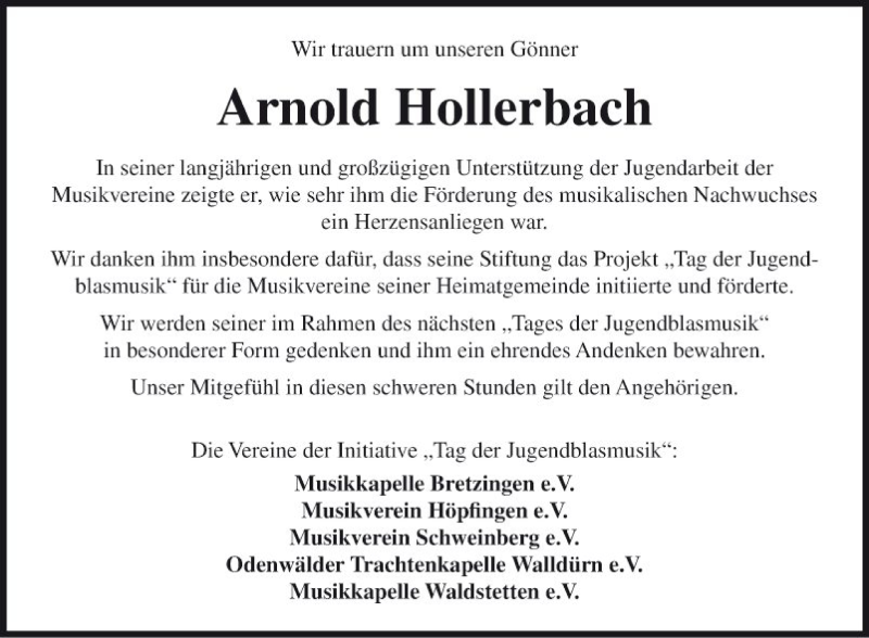  Traueranzeige für Arnold Hollerbach vom 23.07.2019 aus Fränkische Nachrichten