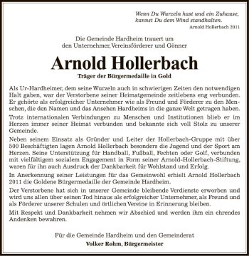 Traueranzeige von Arnold Hollerbach von Fränkische Nachrichten