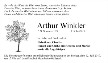 Traueranzeige von Arthur Winkler von Mannheimer Morgen