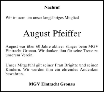 Traueranzeige von August Pfeiffer von Mannheimer Morgen