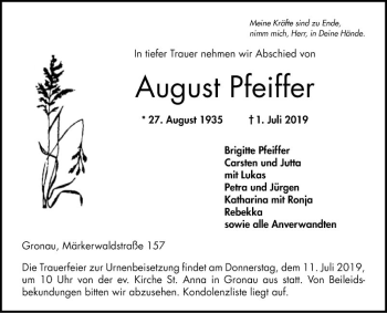 Traueranzeige von August Pfeiffer von Bergsträßer Anzeiger