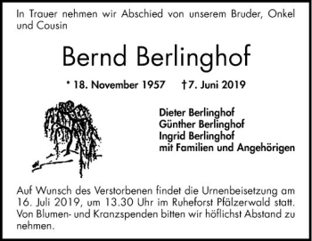 Traueranzeige von Bernd Berlinghof von Mannheimer Morgen