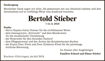 Traueranzeige von Bertold Stieber von Fränkische Nachrichten