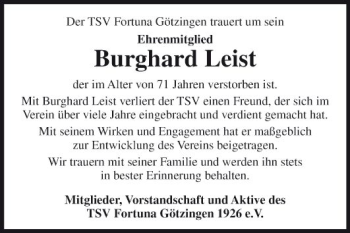 Traueranzeige von Burghard Leist von Fränkische Nachrichten