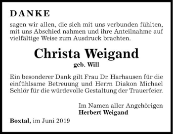 Traueranzeige von Christa Weigand von Fränkische Nachrichten