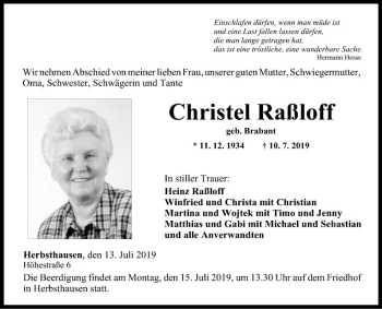 Traueranzeige von Christel Raßloff von Fränkische Nachrichten