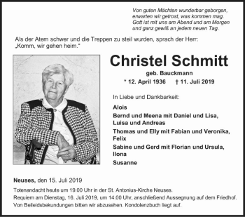 Traueranzeige von Christel Schmitt von Fränkische Nachrichten