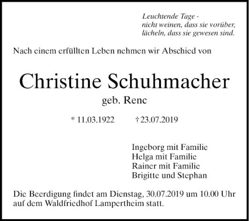 Traueranzeigen von Christine Schuhmacher | Trauerportal Ihrer Tageszeitung