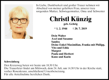 Traueranzeige von Christl Künzig von Fränkische Nachrichten