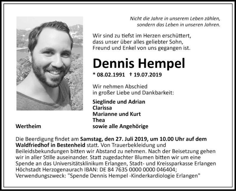  Traueranzeige für Dennis Hempel vom 24.07.2019 aus Fränkische Nachrichten