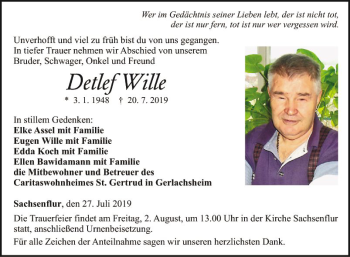 Traueranzeige von Detlef Wille von Fränkische Nachrichten