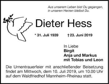 Traueranzeige von Dieter Hess von Mannheimer Morgen