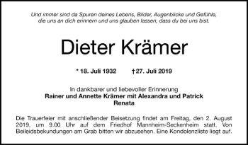 Traueranzeige von Dieter Krämer von Mannheimer Morgen