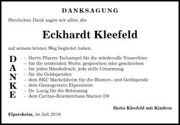 Traueranzeige von Eckhardt Kleefeld von Fränkische Nachrichten