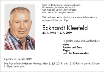 Traueranzeige von Eckhardt Kleefeld von Fränkische Nachrichten