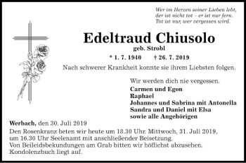 Traueranzeige von Edeltraud Chiusolo von Fränkische Nachrichten