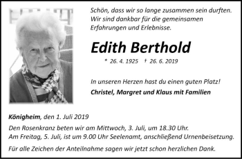 Traueranzeige von Edith Berthold von Fränkische Nachrichten