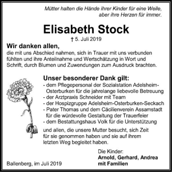 Traueranzeige von Elisabeth Stock von Fränkische Nachrichten