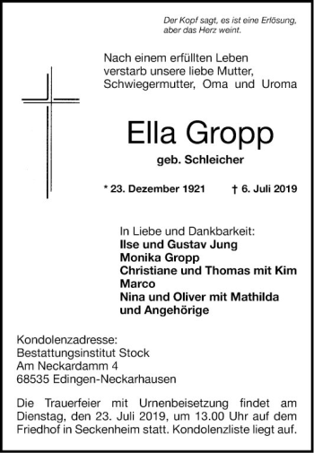 Traueranzeige von Ella Gropp von Mannheimer Morgen