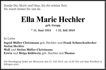 Traueranzeige von Ella Marie Hechler von Mannheimer Morgen