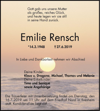 Traueranzeige von Emilie Rensch von Mannheimer Morgen