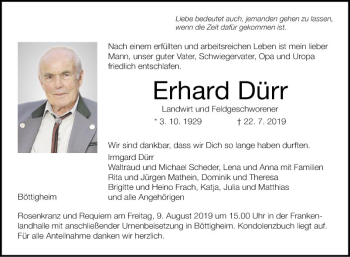 Traueranzeige von Erhard Dürr von Fränkische Nachrichten