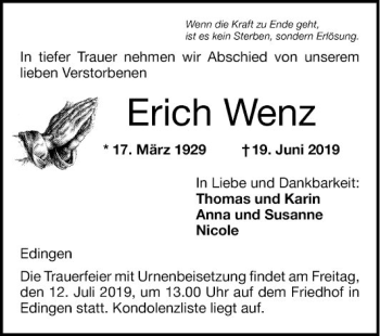 Traueranzeige von Erich Wenz von Mannheimer Morgen