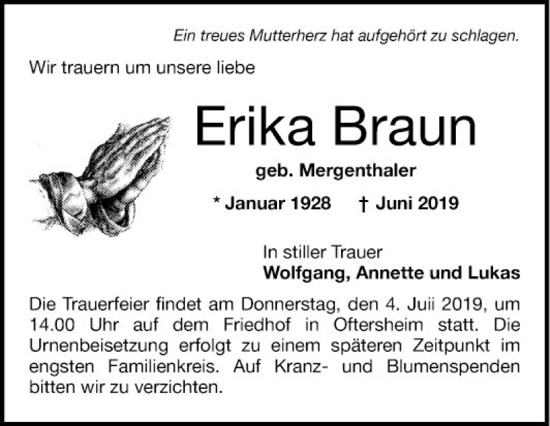  Traueranzeige für Erika Braun vom 29.06.2019 aus Schwetzinger Zeitung