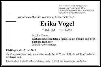 Traueranzeige von Erika Vogel von Fränkische Nachrichten