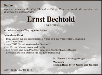 Traueranzeige von Ernst Bechtold von Fränkische Nachrichten