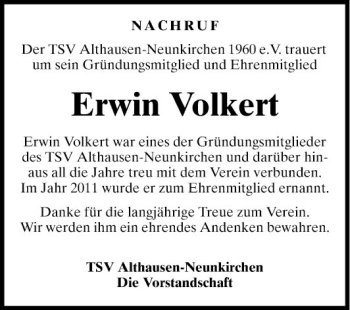 Traueranzeige von Erwin Volkert von Fränkische Nachrichten