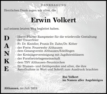 Traueranzeige von Erwin Volkert von Fränkische Nachrichten